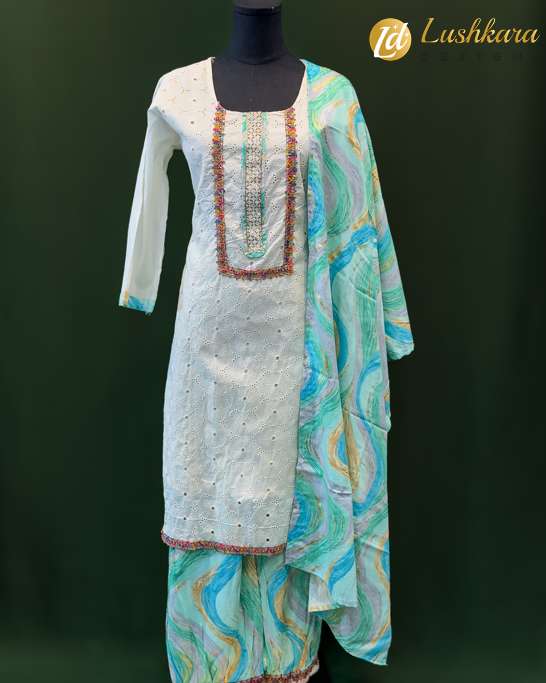 White Eyelet Embroidered Salwar Kameez with Colorful Dupatta – Lushkara Designs