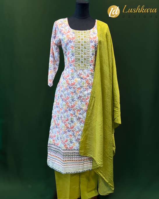 Multicolor Printed Cotton Salwar Suit with Olive Dupatta – Lushkara Designs