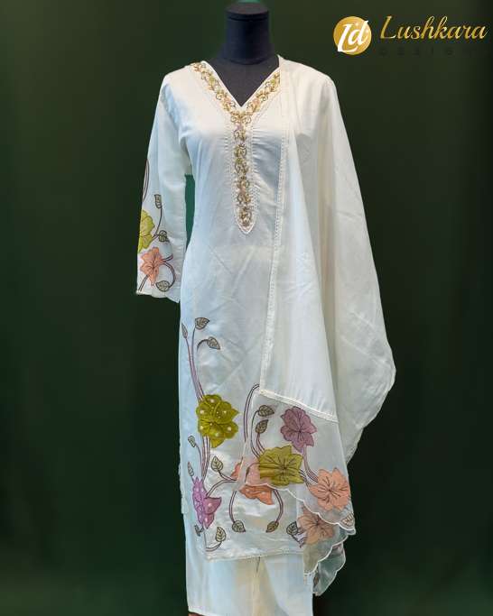 White Floral Applique Salwar Kameez with Pastel Thread Work – Lushkara Designs