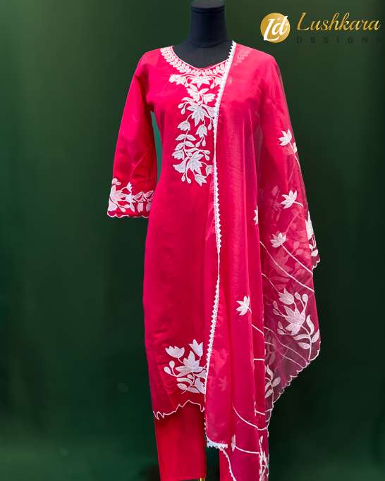Hot Pink Salwar Kameez with White Floral Embroidery & Organza Dupatta – Lushkara Designs