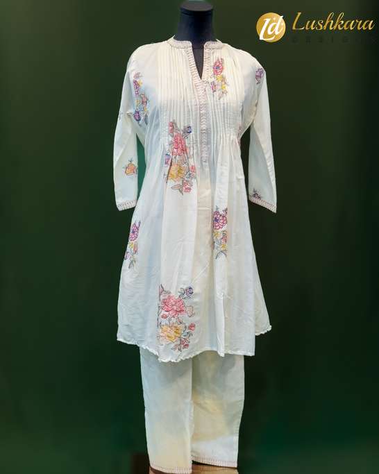 White Floral Embroidered Cotton Suit Set – Lushkara Designs