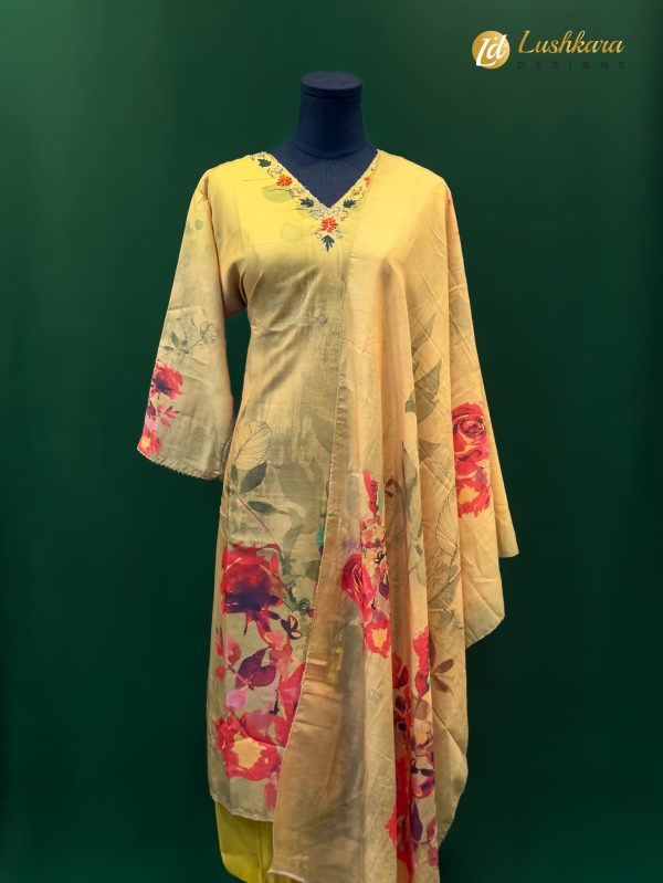 Lushkara Yellow Floral Salwar Kameez Set with Printed Dupatta