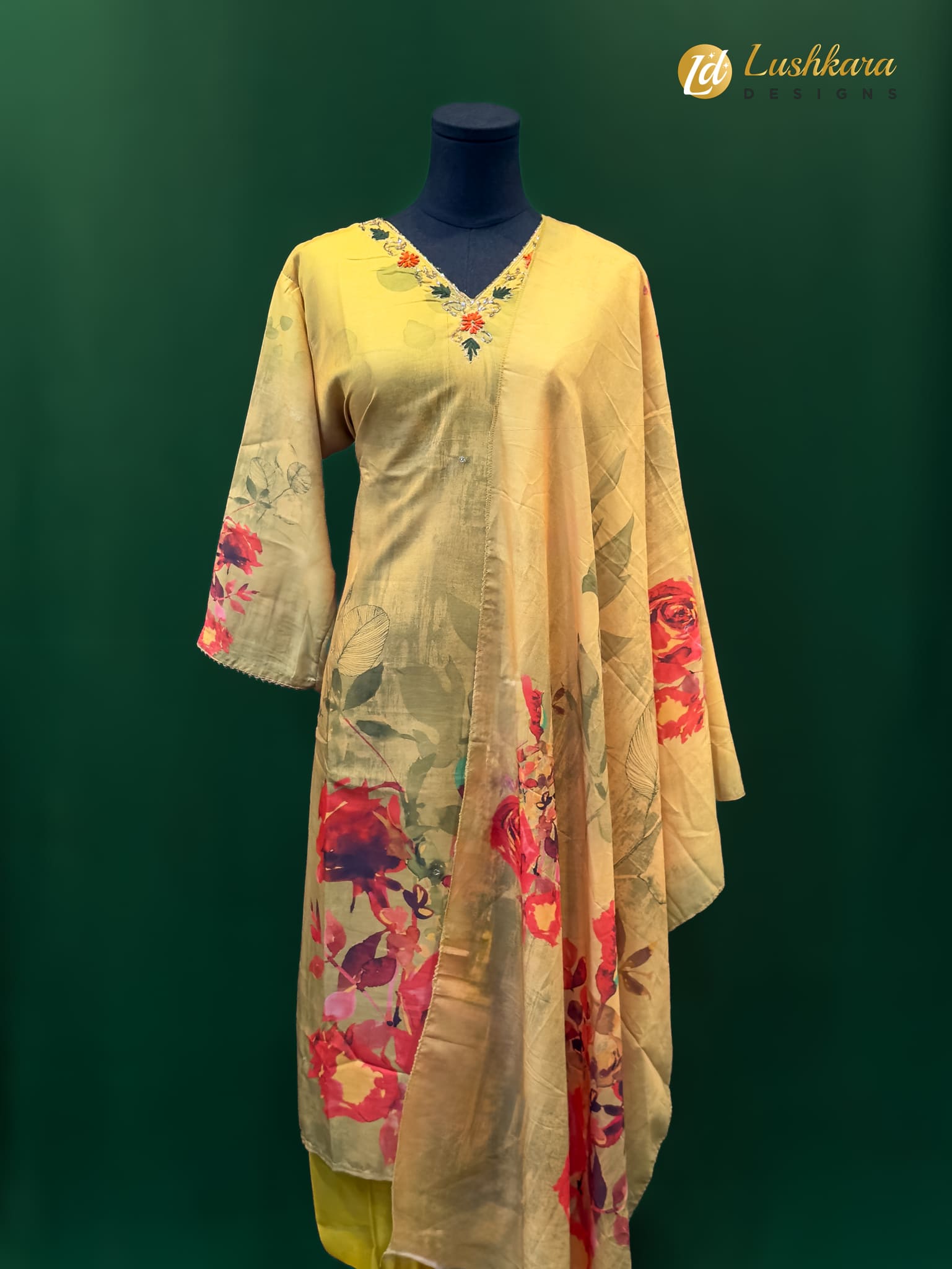 Lushkara Yellow Floral Salwar Kameez Set with Printed Dupatta