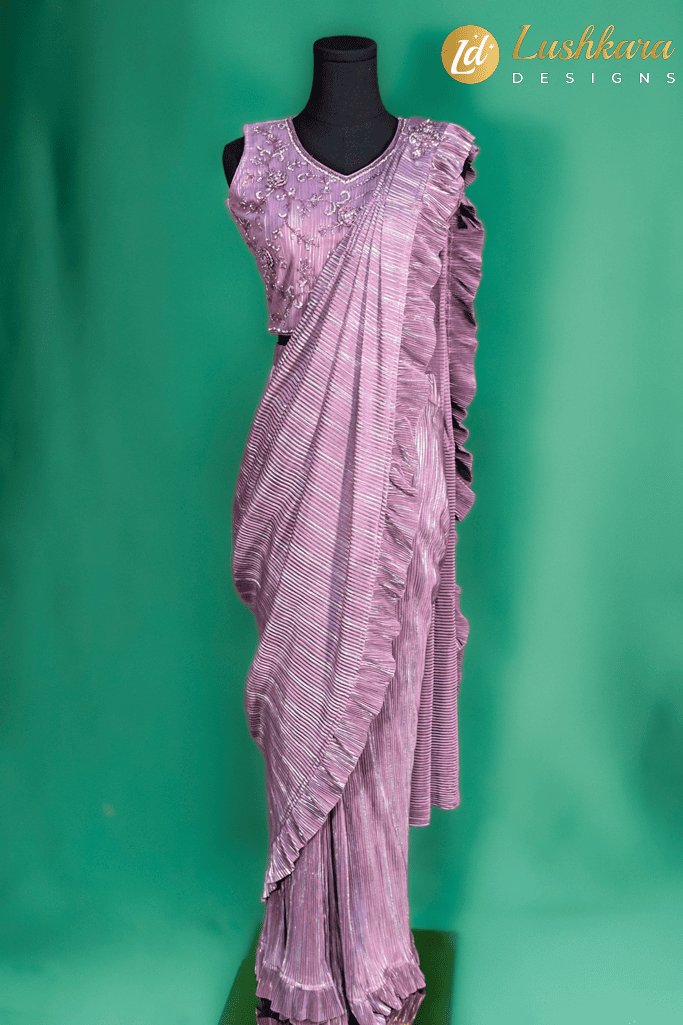 Lushkara Lilac Ruffle Kids Saree – Pre-Stitched Pleated Designer Saree for Girls