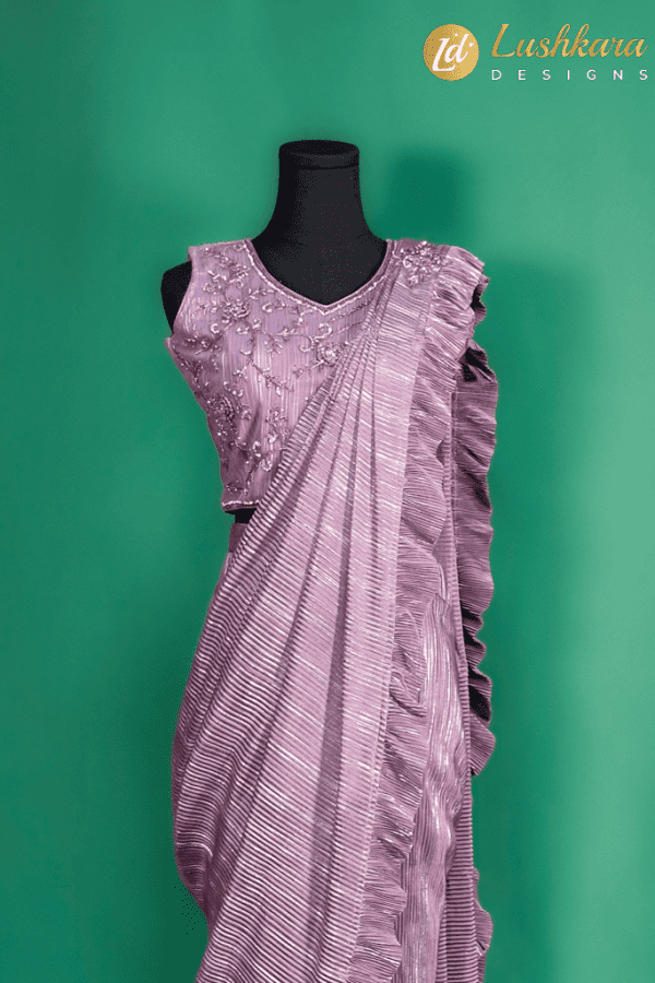 Lushkara Lilac Ruffle Kids Saree – Pre-Stitched Pleated Designer Saree for Girls - Image 2