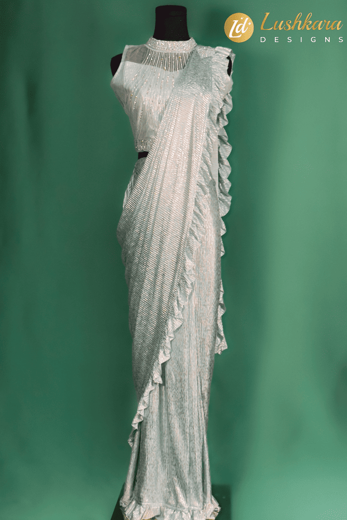 Lushkara Mint Green Kids Ruffle Saree – Sparkle Pre-Stitched Party Saree for Girls