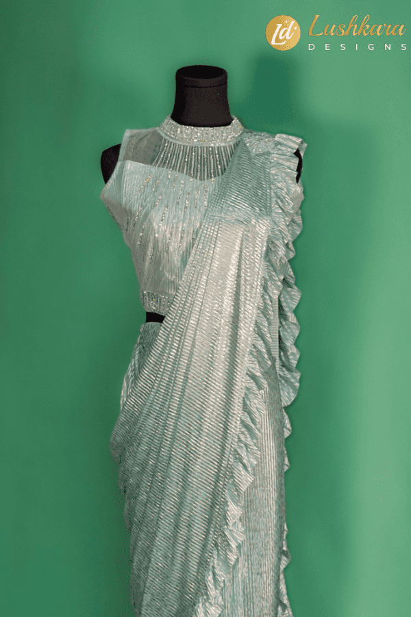 Lushkara Mint Green Kids Ruffle Saree – Sparkle Pre-Stitched Party Saree for Girls