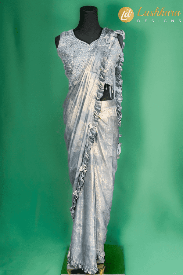 Lushkara Silver Grey Kids Ruffle Saree – Mirror Embellished Party Saree for Girls