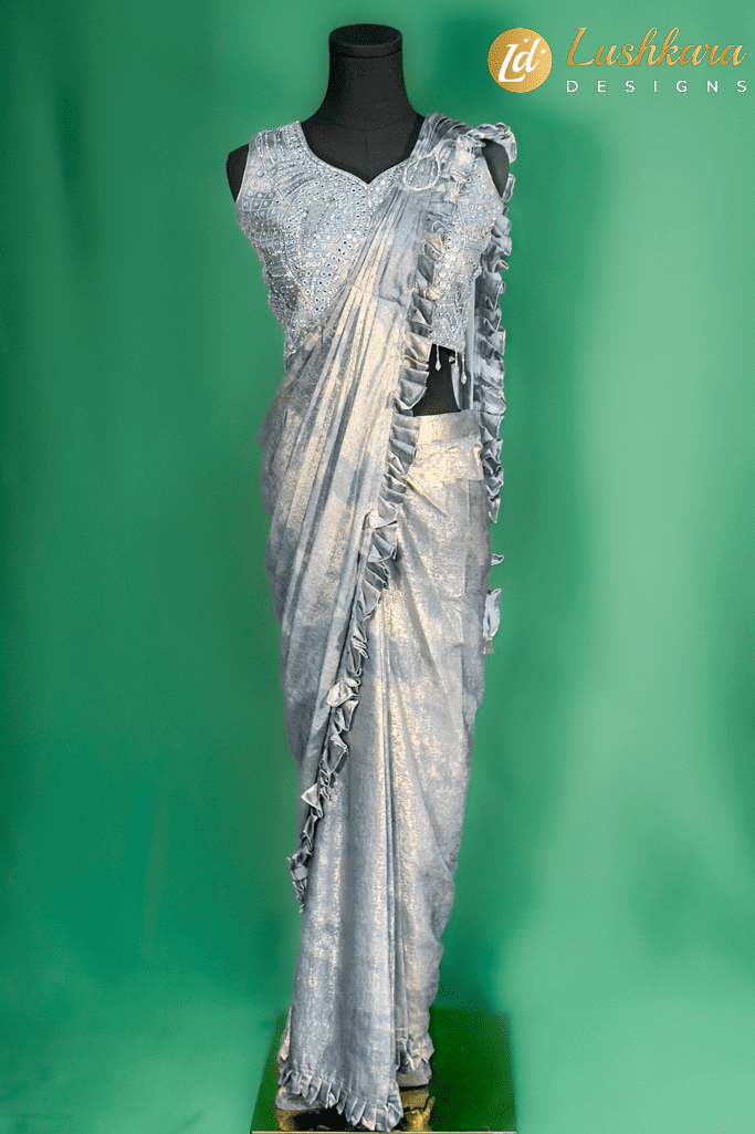 Lushkara Silver Grey Kids Ruffle Saree – Mirror Embellished Party Saree for Girls