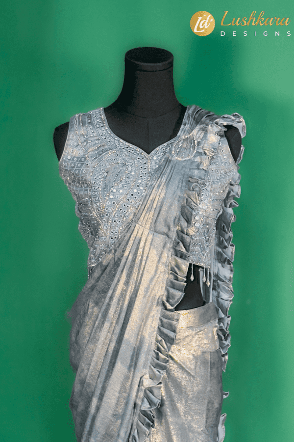 Lushkara Silver Grey Kids Ruffle Saree – Mirror Embellished Party Saree for Girls