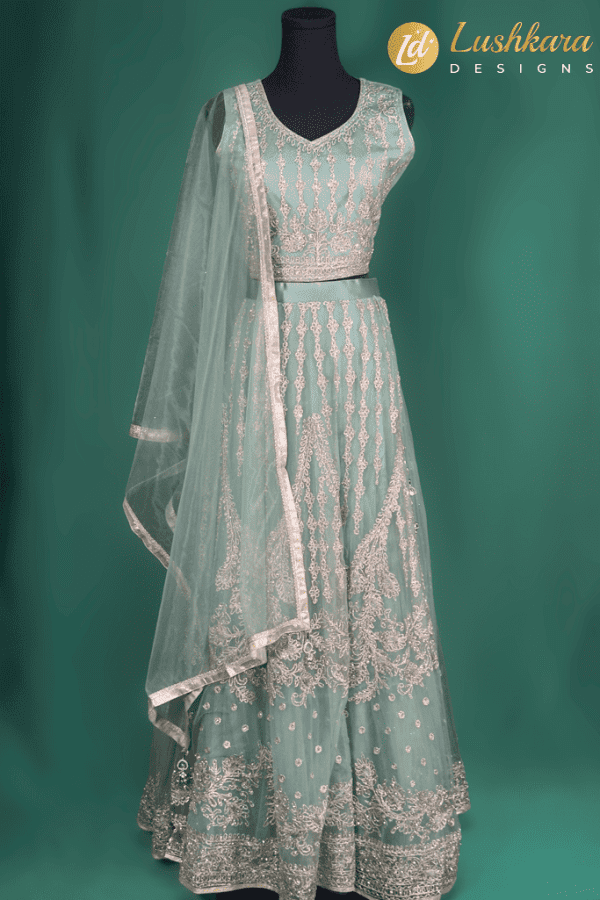 Lushkara Kids Sage Green Embroidered Lehenga Choli – Elegant Net Party Wear for Girls