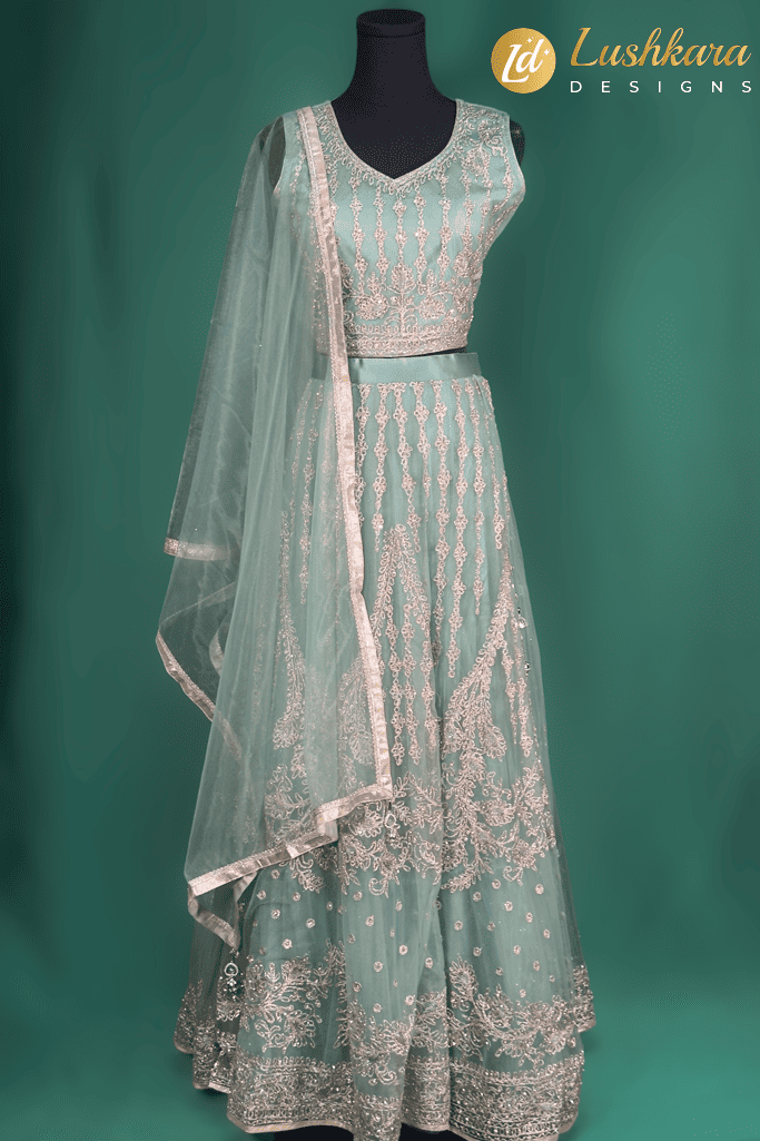Lushkara Kids Sage Green Embroidered Lehenga Choli – Elegant Net Party Wear for Girls