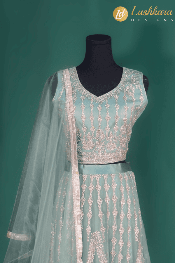 Lushkara Kids Sage Green Embroidered Lehenga Choli – Elegant Net Party Wear for Girls