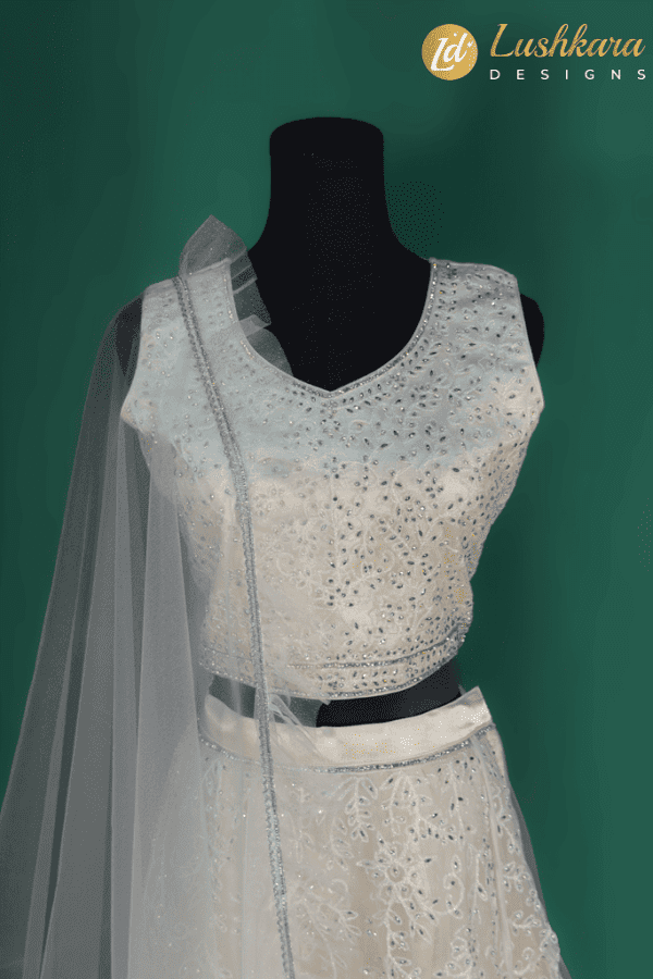 Lushkara Ivory Sequin Embellished Kids Lehenga Choli – Designer Net Party Wear for Girls