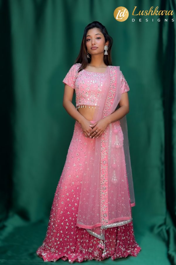 Lushkara Pink Mirror Work Lehenga Choli Set for Women