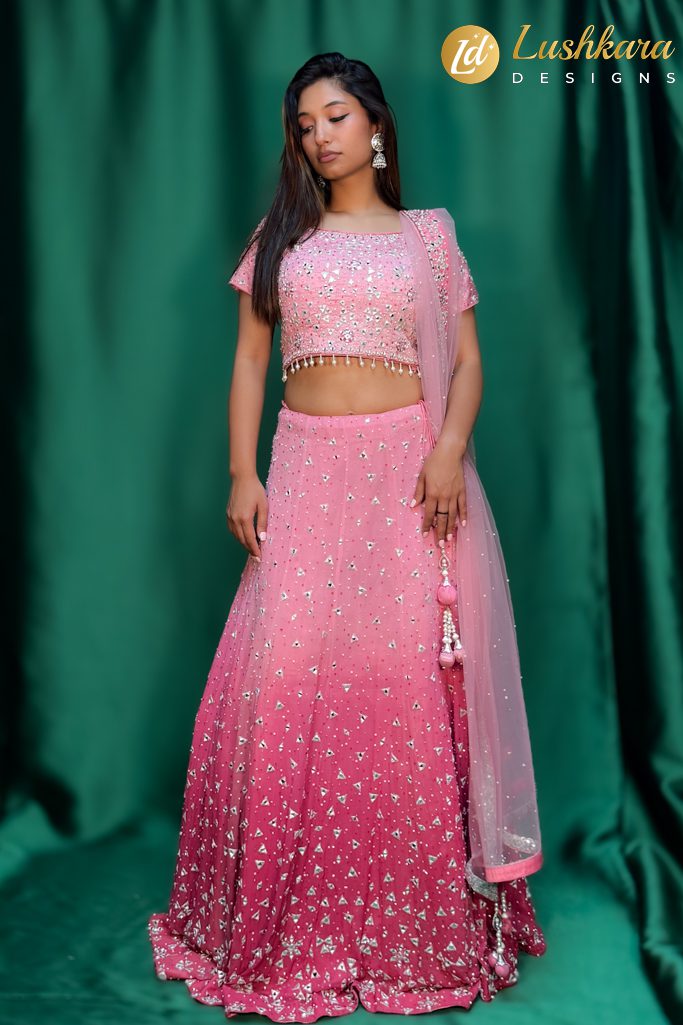 Lushkara Pink Mirror Work Lehenga Choli Set for Women