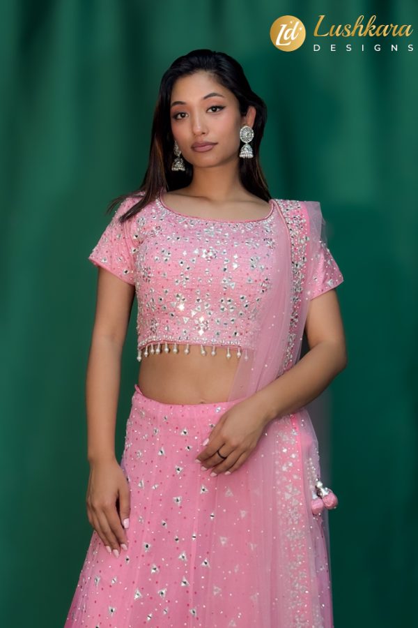 Lushkara Pink Mirror Work Lehenga Choli Set for Women