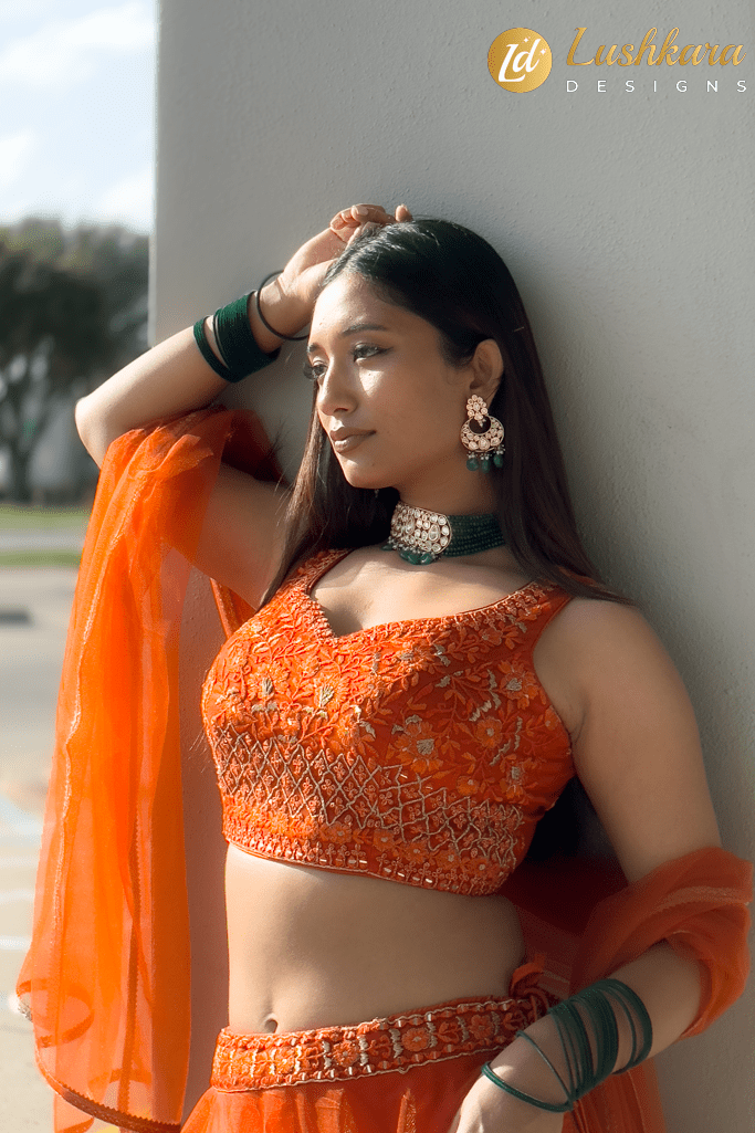 Lushkara Orange Embroidered Lehenga Set with Net Dupatta