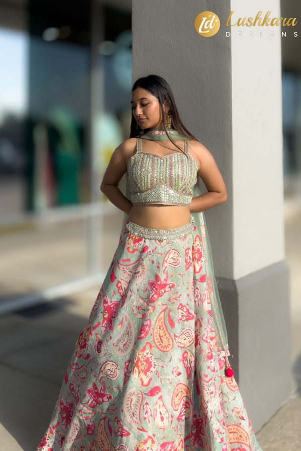 Lushkara Pastel Printed Lehenga Choli for Women – Elegant Thread & Mirror Work Design - Image 3