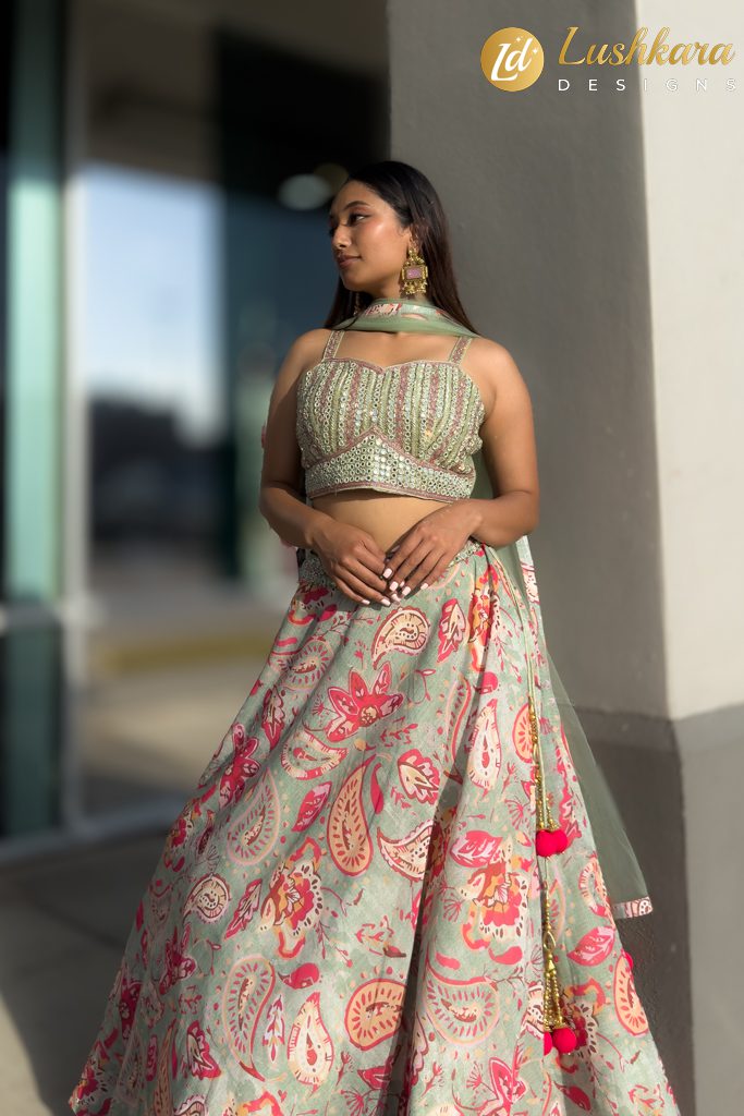 Lushkara Pastel Printed Lehenga Choli for Women – Elegant Thread & Mirror Work Design