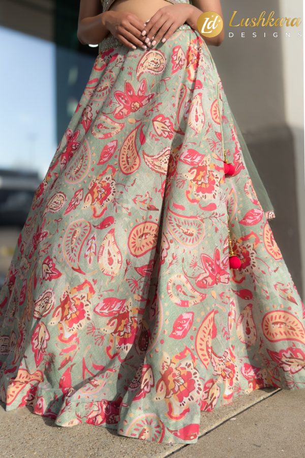 Lushkara Pastel Printed Lehenga Choli for Women – Elegant Thread & Mirror Work Design - Image 4