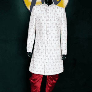 Cream Embroidered Sherwani Set with Maroon Patiyala Pants- Lushkara Designs