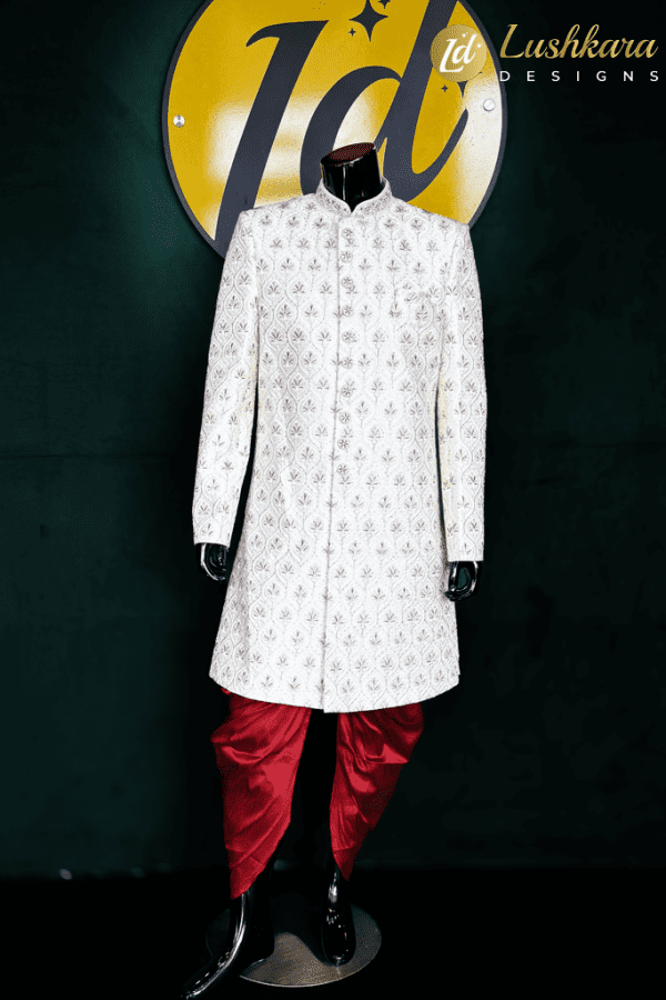 Cream Embroidered Sherwani Set with Maroon Patiyala Pants- Lushkara Designs