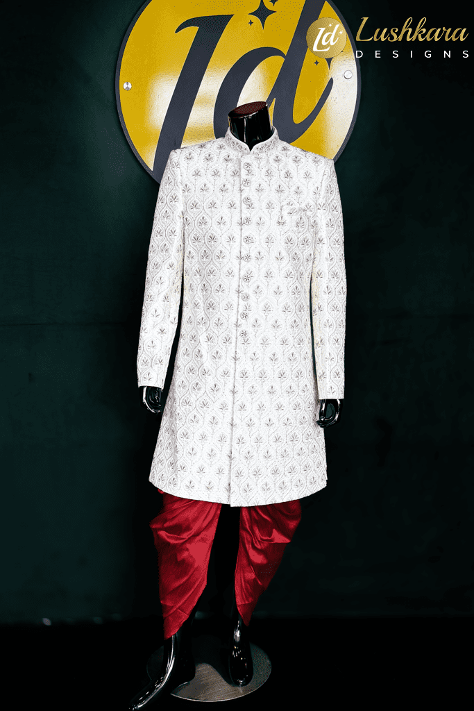 Cream Embroidered Sherwani Set with Maroon Patiyala Pants- Lushkara Designs