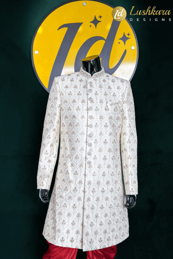 Cream Embroidered Sherwani Set with Maroon Patiyala Pants- Lushkara Designs