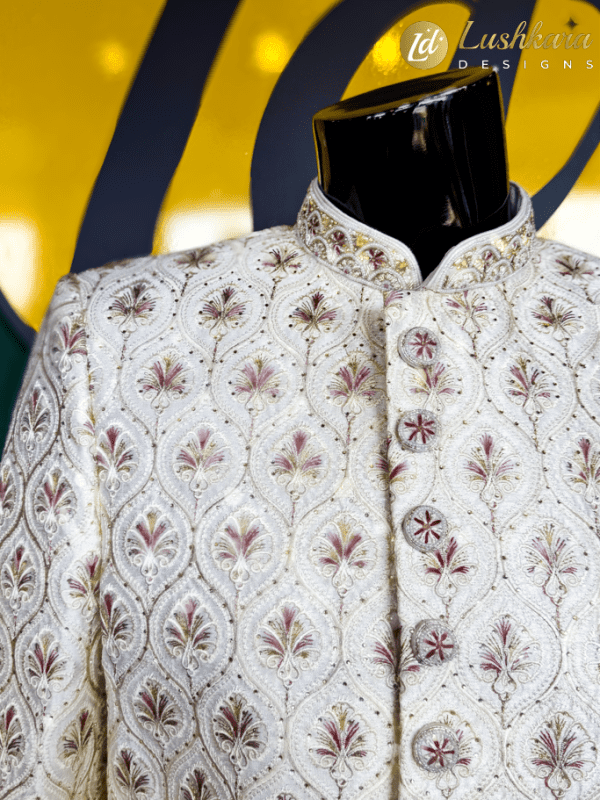 Cream Embroidered Sherwani Set with Maroon Patiyala Pants- Lushkara Designs - Image 3