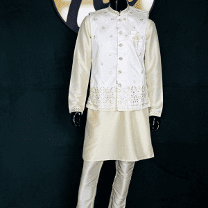 Lushkara Cream Kurta Set with Embroidered Waistcoat for Men