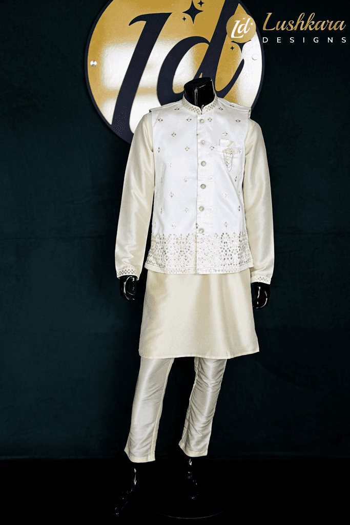Lushkara Cream Kurta Set with Embroidered Waistcoat for Men