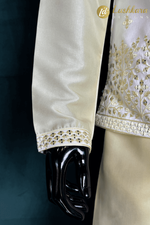 Lushkara Cream Kurta Set with Embroidered Waistcoat for Men