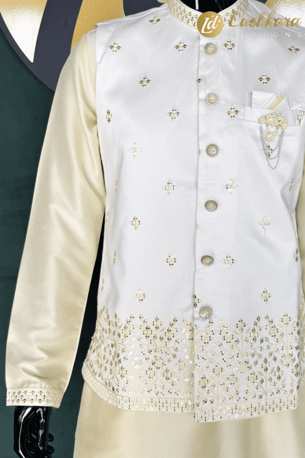 Lushkara Cream Kurta Set with Embroidered Waistcoat for Men