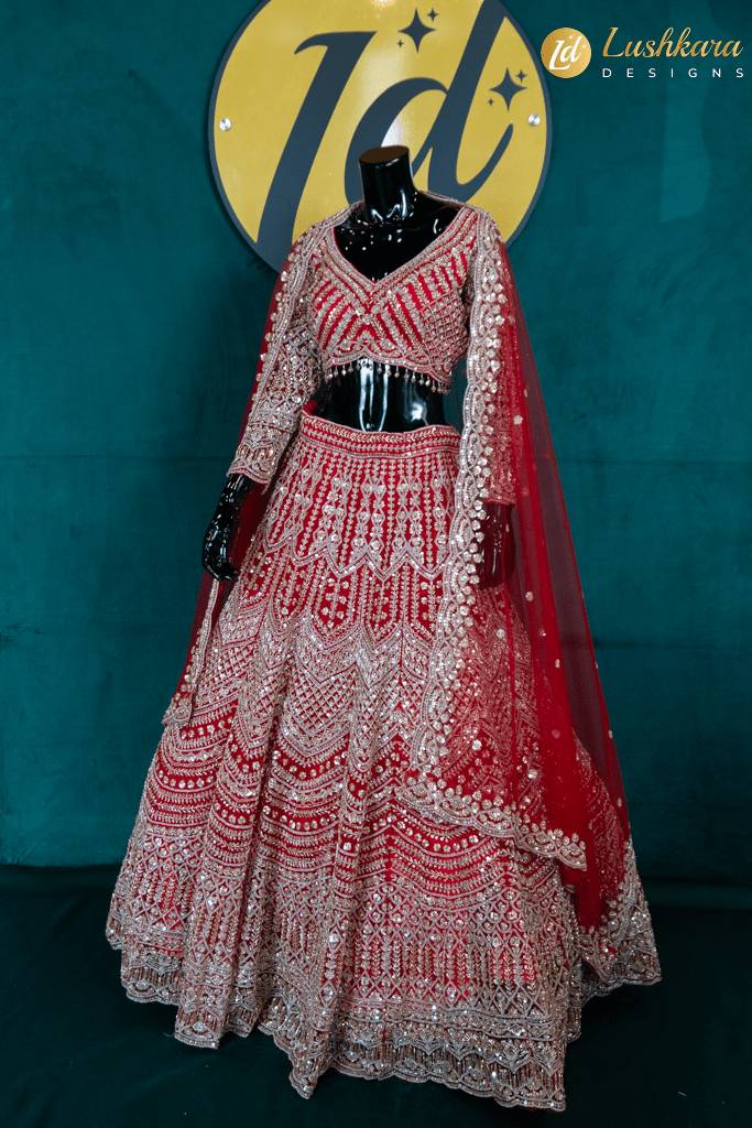 Lushkara Deep Red Bridal Lehenga with Heavy Zari & BeadWork