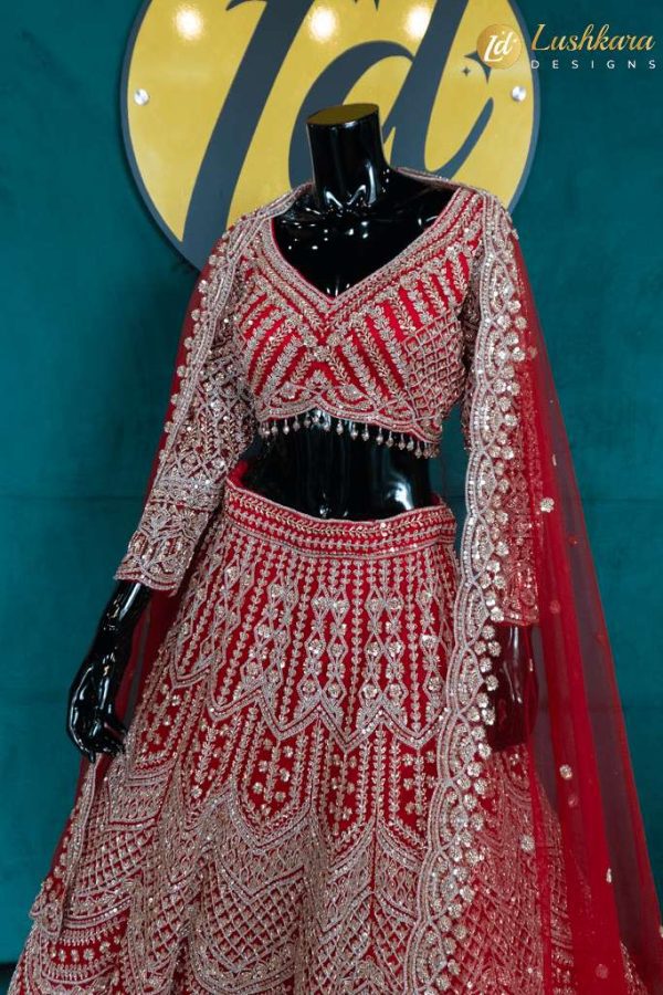 Lushkara Deep Red Bridal Lehenga with Heavy Zari and Mirror Embroidery