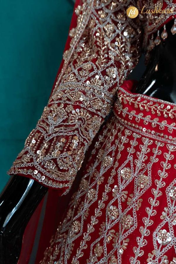 Lushkara Deep Red Bridal Lehenga with Heavy Zari and Mirror Embroidery