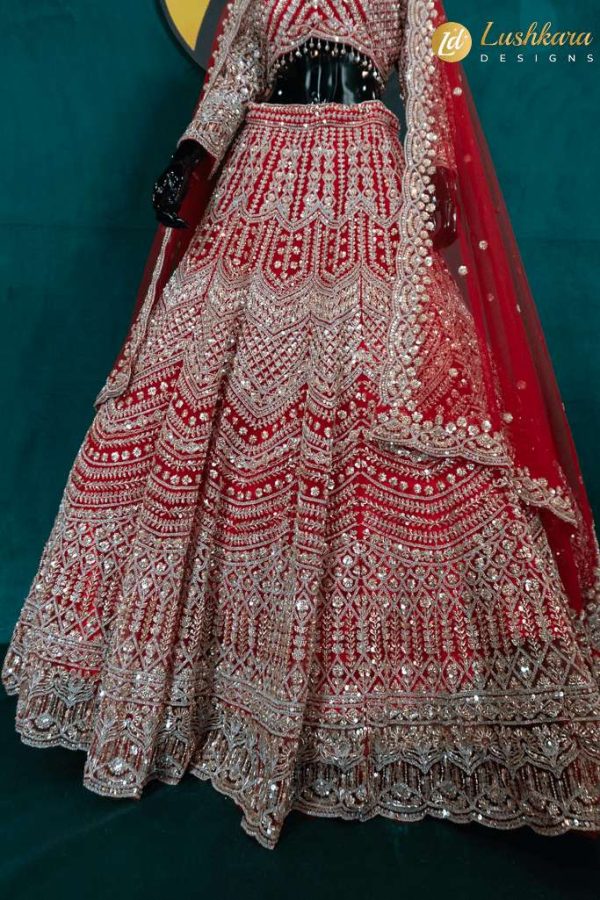 Lushkara Deep Red Bridal Lehenga with Heavy Zari and Mirror Embroidery