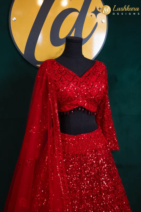 Lushkara Red Sequin Lehenga Set with V-Neck Blouse&Dupatta