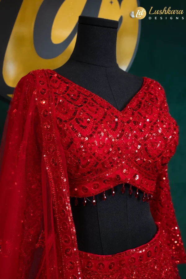 Lushkara Red Sequin Lehenga Set with V-Neck Blouse&Dupatta