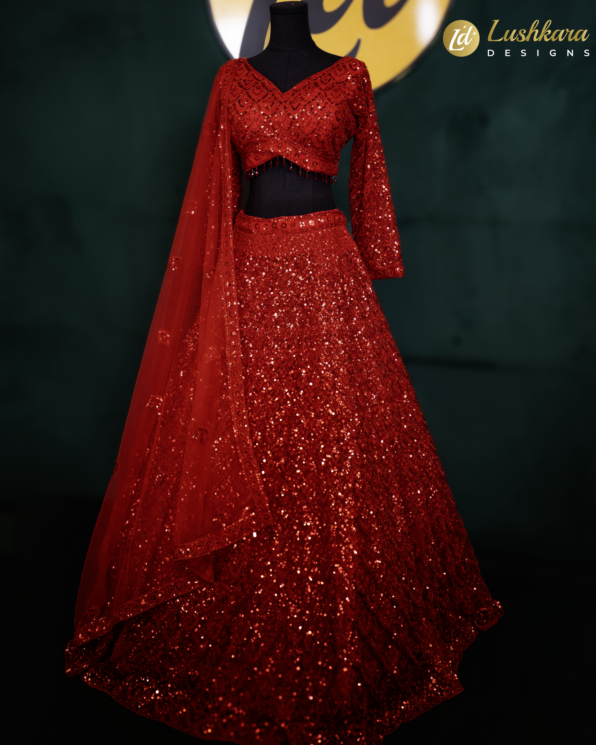 Lushkara Red Sequin Lehenga Set with V-Neck Blouse and Net Dupatta