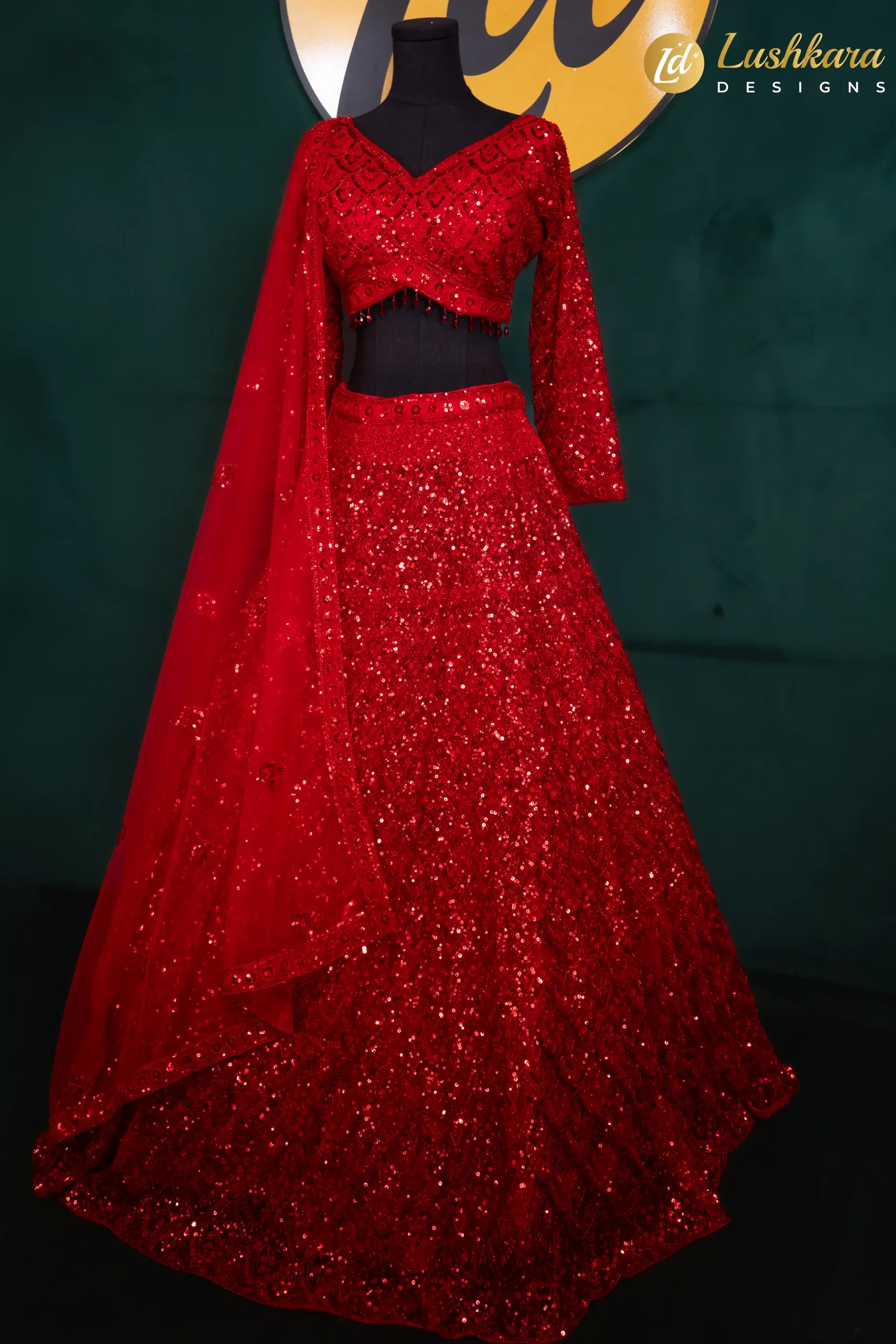 Lushkara Red Sequin Lehenga Set with V-Neck Blouse&Dupatta