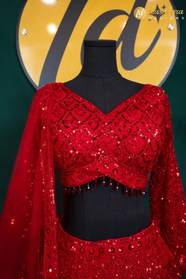 Lushkara Red Sequin Lehenga Set with V-Neck Blouse&Dupatta