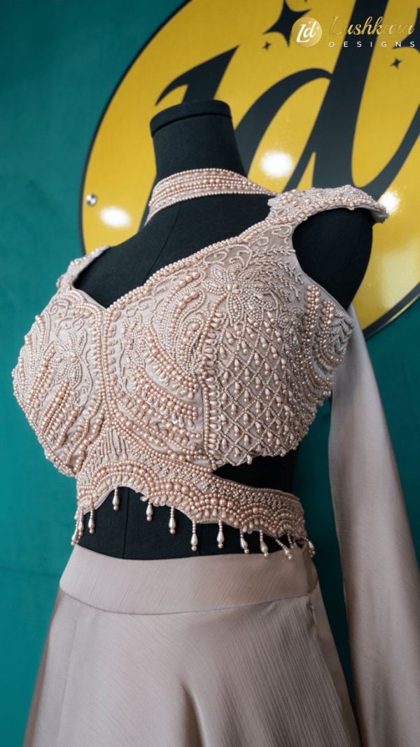 Lushkara Champagne Ruffle Skirt & Pearl Embroidered Blouse