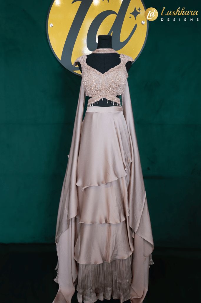 Lushkara Champagne Ruffle Skirt & Pearl Embroidered Blouse