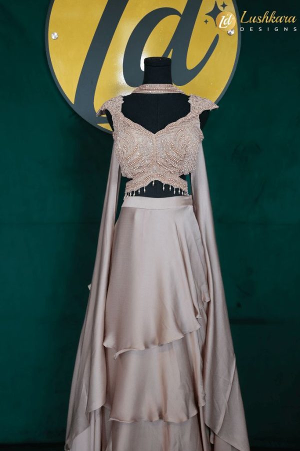 Lushkara Champagne Ruffle Skirt & Pearl Embroidered Blouse
