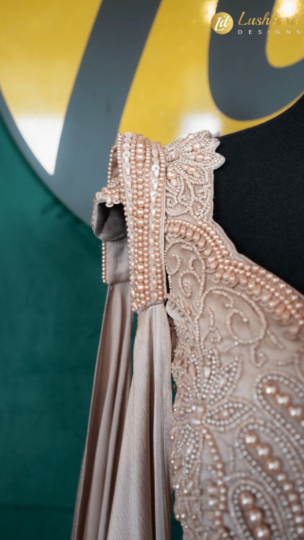 Lushkara Champagne Ruffle Skirt & Pearl Embroidered Blouse