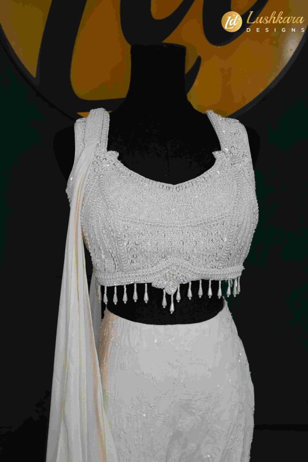 Lushkara White Tiered Lehenga Set - Pearl Embellished Blouse - Image 2