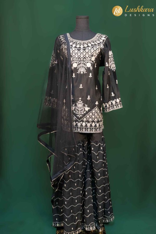 Lushkara Black Sharara Suit with Ivory Thread Embroidery