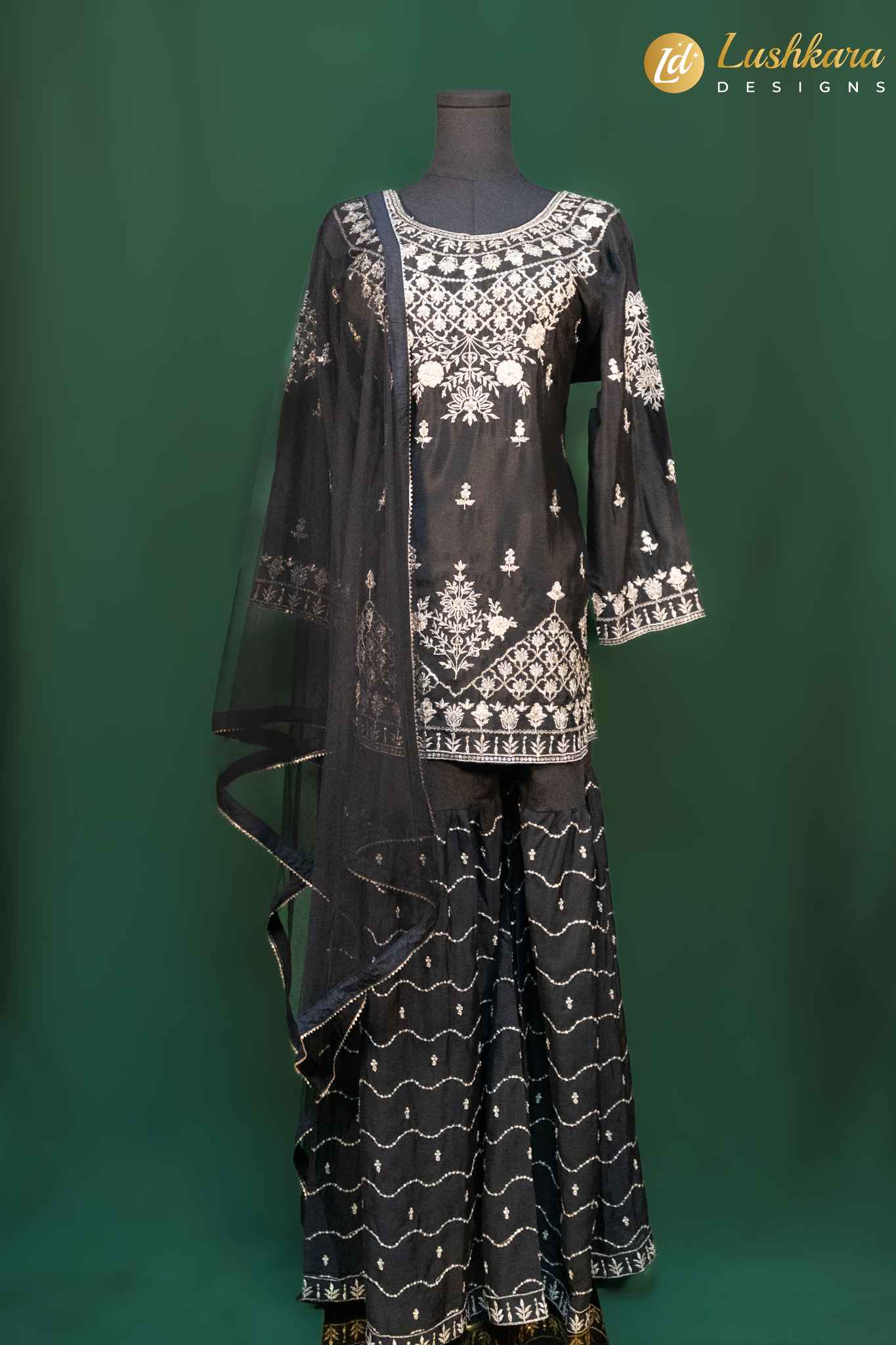 Lushkara Black Sharara Suit with Ivory Thread Embroidery